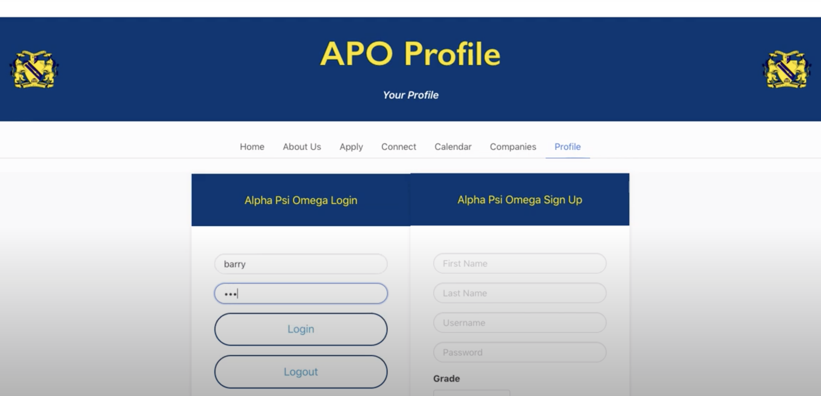 Login page of Alpha Psi Omega site