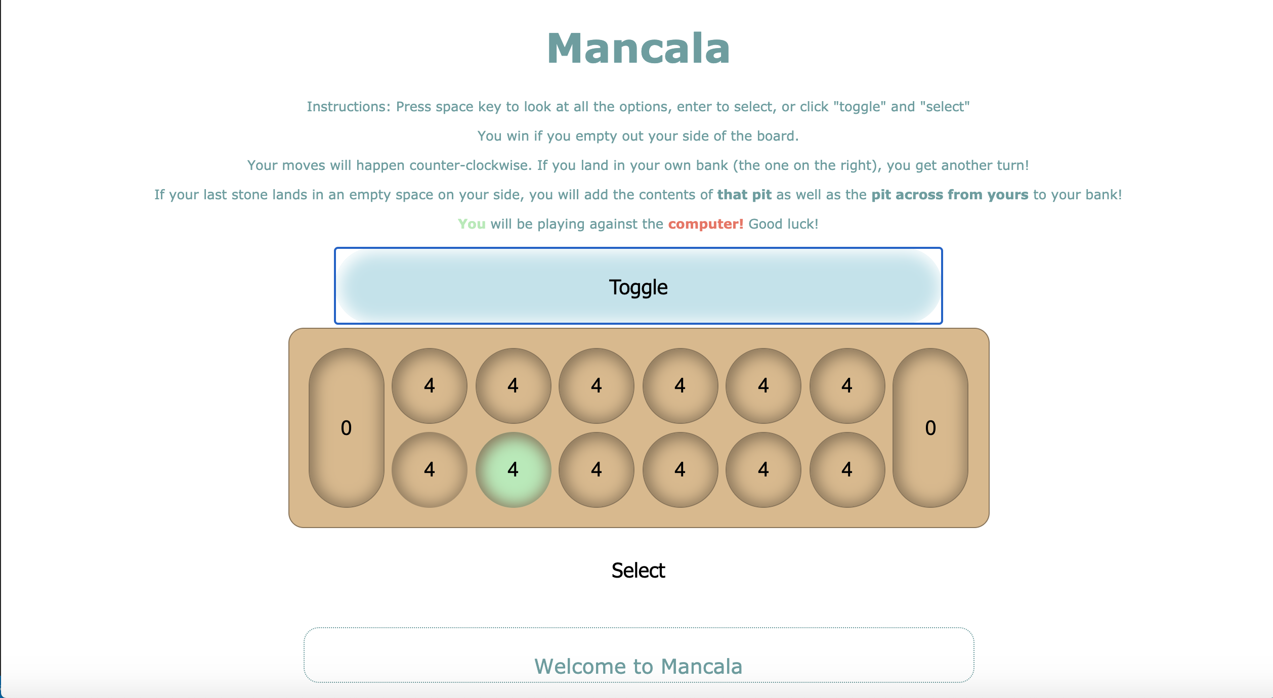 Mancala for motor impaired children